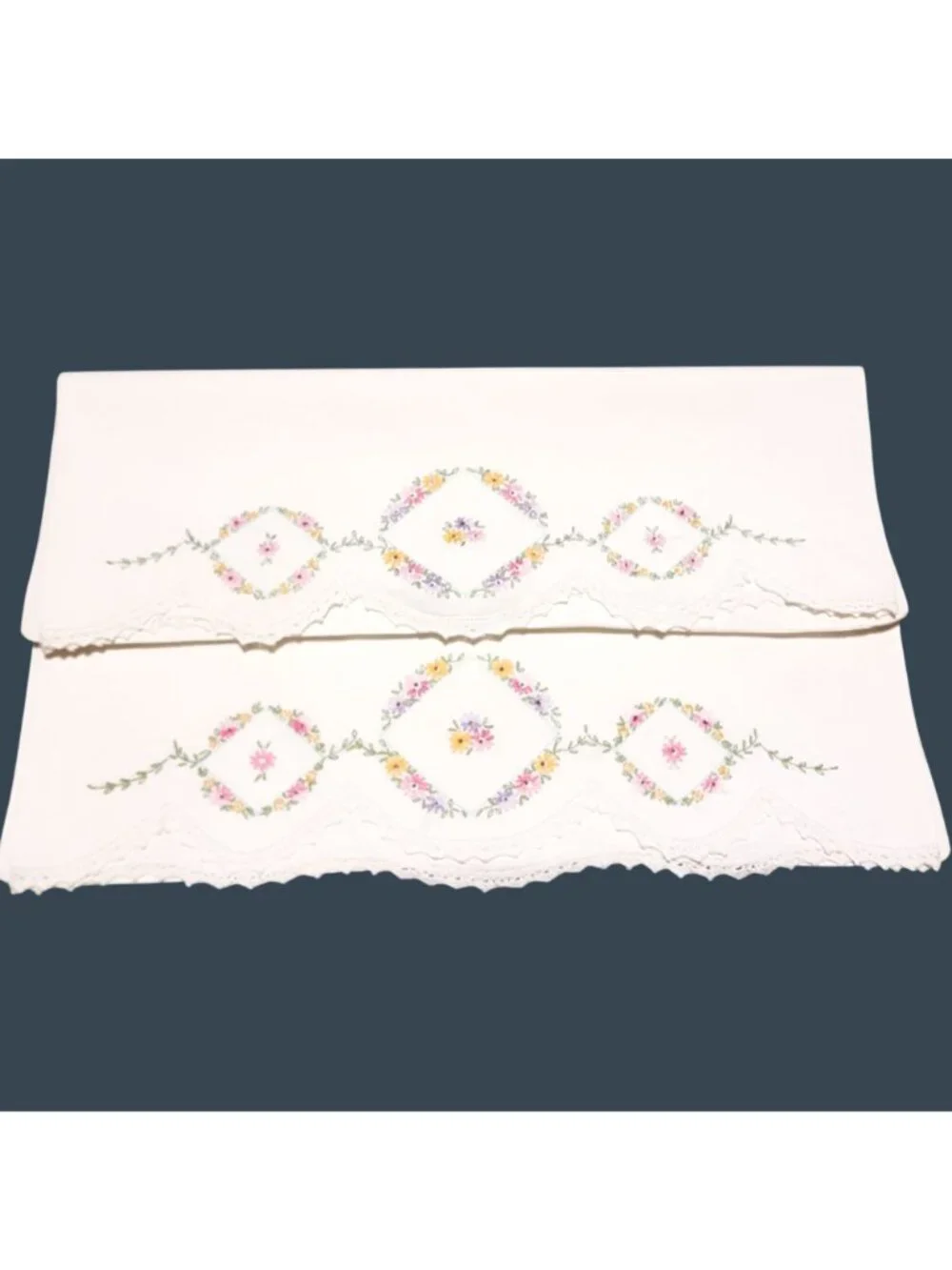 Vtg Floral Embroidered Pillowcases Lace Trim Pastel Yellow Pink Purple Flowers